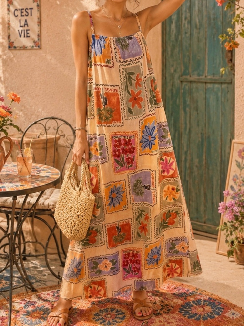 Paper Heart Linen Postage Stamp Floral Resort Vacation Cottage Maxi Dress L